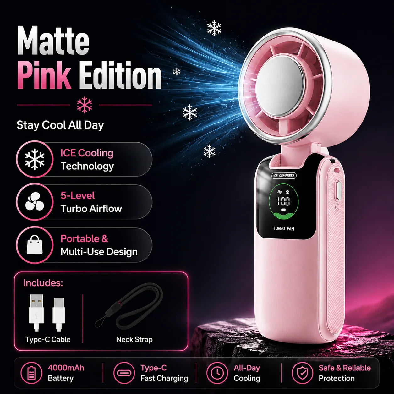 Ice Cooling Portable Neck Fan, 5-Speed Turbo Wind Foldable Hands Free Cooler, 4000mAh 9H Battery Travel Outdoor