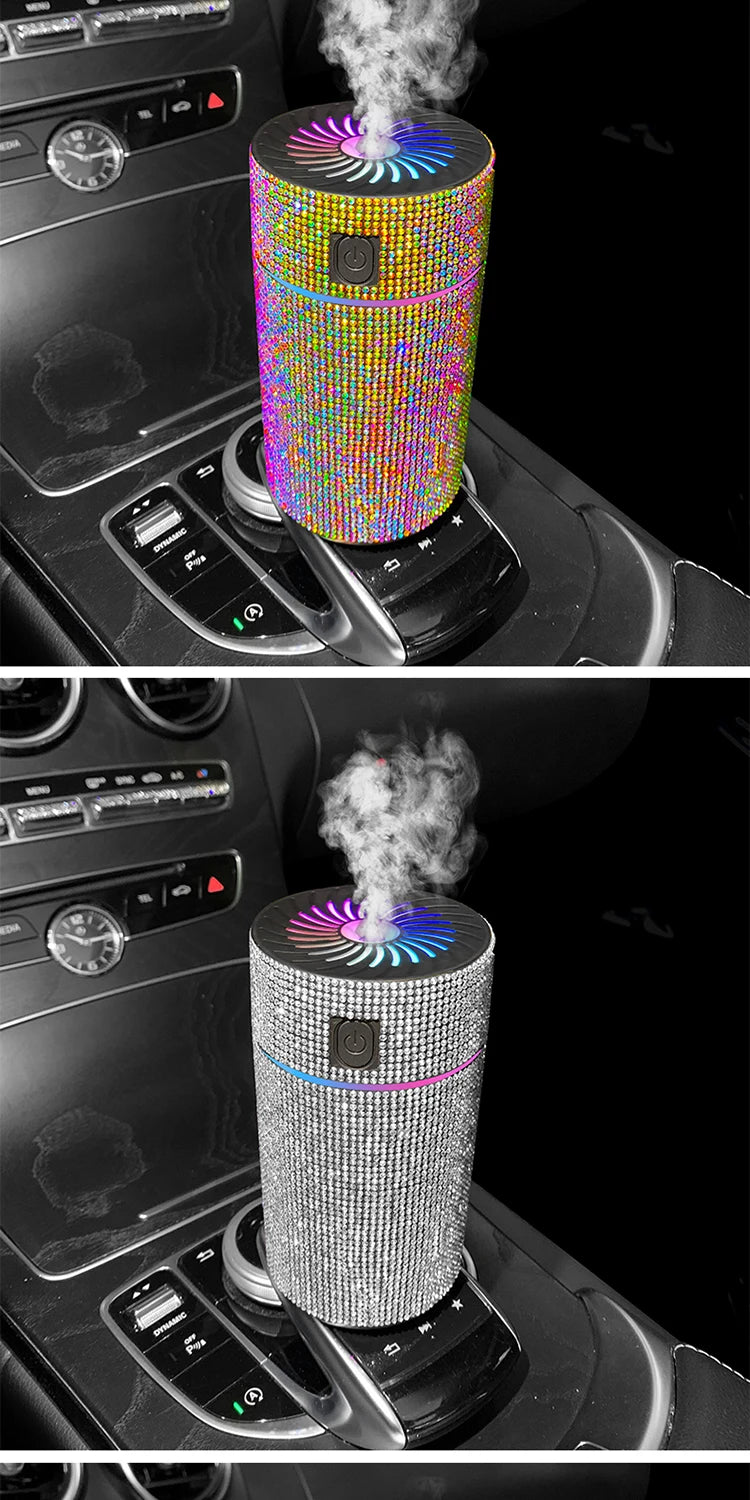 Luxury Diamond Car Diffuser Humidifier with LED Light Auto Air Purifier Aromatherapy Diffuser Air Freshener Car Accessories