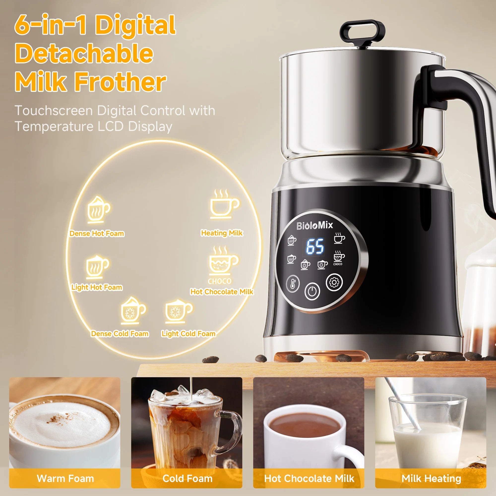 BioloMix Electric Detachable Milk Frother and Steamer,6-in-1 Automatic Hot/Cold Foam and Hot Chocolate Maker,Dishwasher Safe