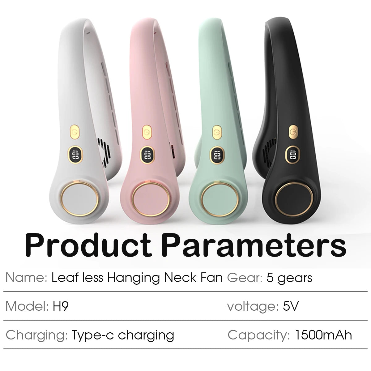 1500mAh 5 Speeds Bladeless Neck Fan Hands Free Portable Rechargeable Cooling Strong Airflow Ultra Quiet for Travel Outdoor