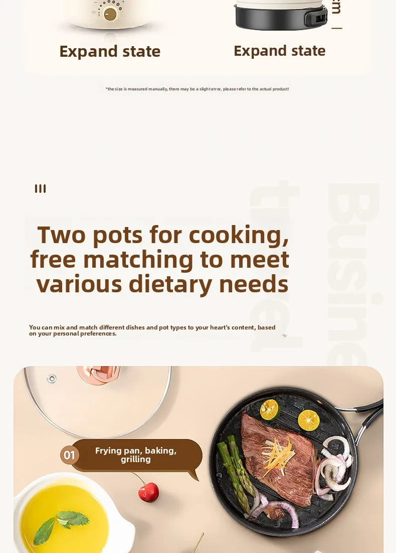 110V/220V Electric Cooker Portable Cooking Pot Foldable Hotpot 1.6L Multi cookers Split Type Rice Cooker Frying Pan Home Travel