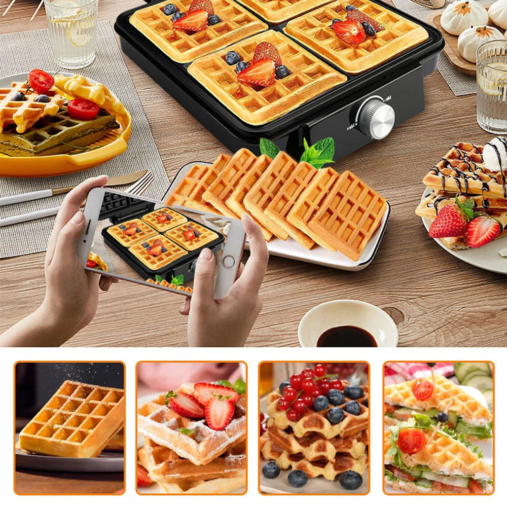 4-Slice Belgian Waffle Maker 1500W Double Heating Non-Stick Egg Cake Oven Pancake Egg Waffle Cake Machine Temperature Control