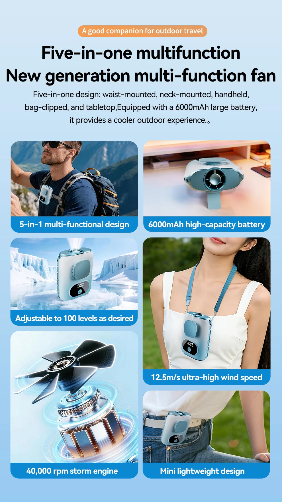 3CM Thin Tiny Portable Waist Fan 6000mAh Clip On Personal Neck Fan LED 12H Working 5 Speeds 40000RPM Strong Airflow with Lanyard