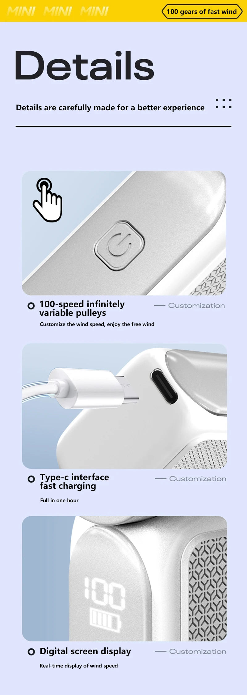 Handheld Mini Fan 5 Speed Adjust Type C Rechargeable Portable Fan Digital Display Desktop Fan Outdoor Use
