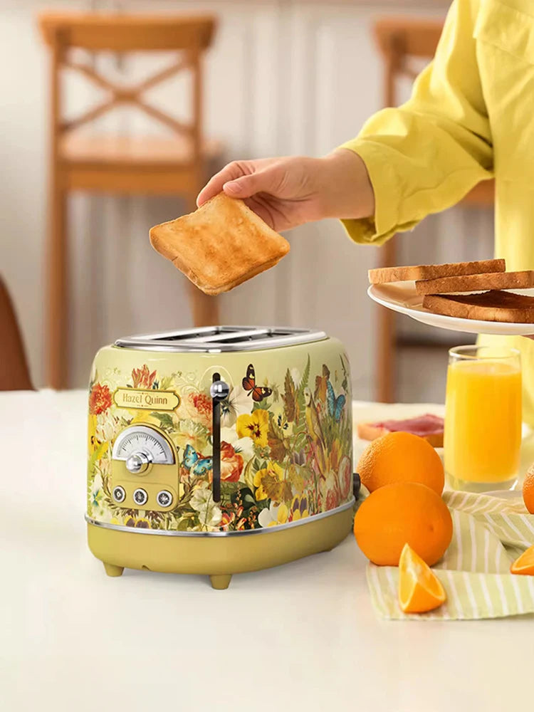 2-Slice Retro Floral Print Toaster with Removable Crumb Tray 6 Browning Levels 3 Functions Waffle Maker for Puff Pastry