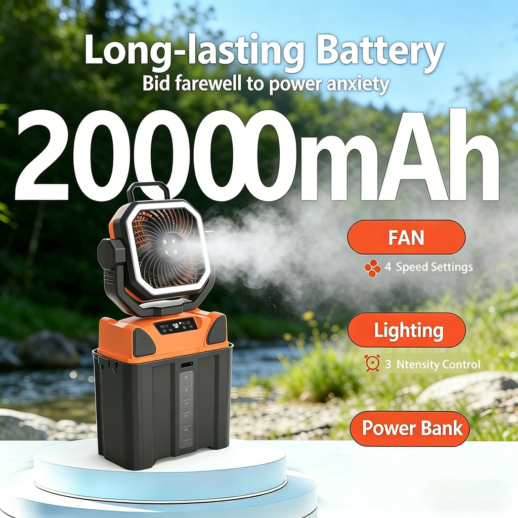 50000mAh Outdoor Camping Fan with Remote Contral 4Gears Wind Speed Up to 100 Hours Runtime Handle Portable Cooling Electric Fan