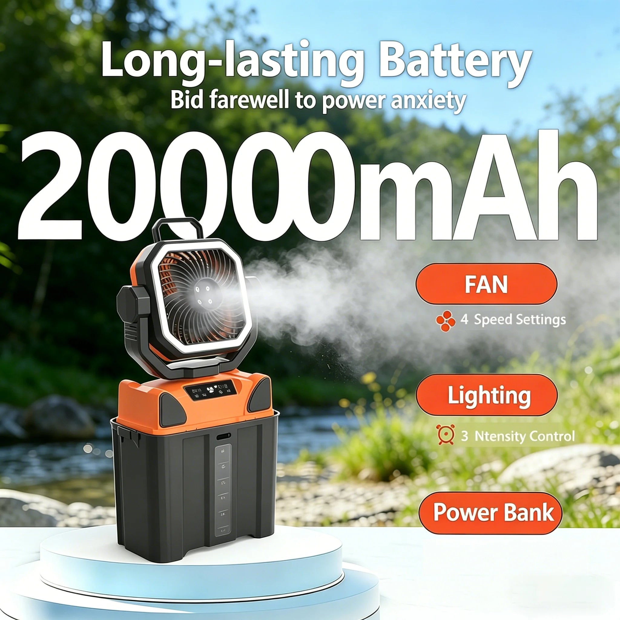 50000mAh Outdoor Camping Fan with Remote Contral 4Gears Wind Speed Up to 100 Hours Runtime Handle Portable Cooling Electric Fan