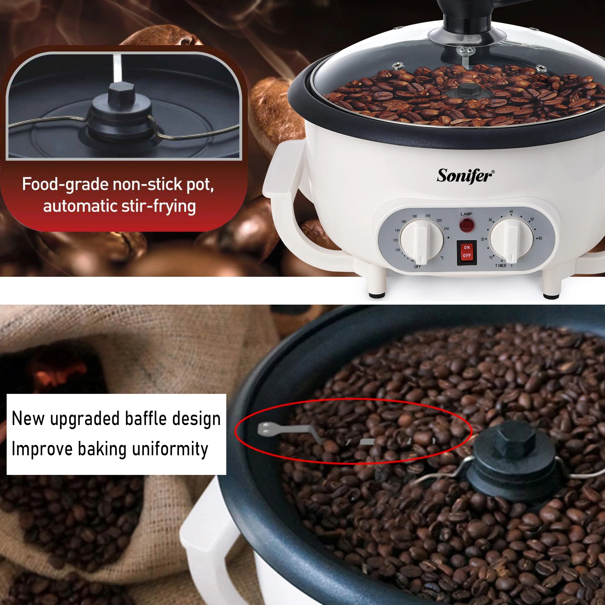 Electric Coffee Bean Roaster Coffee Baked Peanut Beans Baking Stove Popcorn Make Dryer Roasting Machine Grain Drying Sonifer