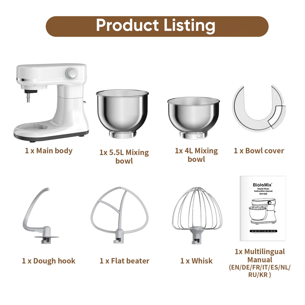 BioloMix 5.5L&4L double bowl Electric Food Mixer,8 Speeds Stand Mixer for Daily Use with Egg Whisk,Dough Hook,Flat Beater