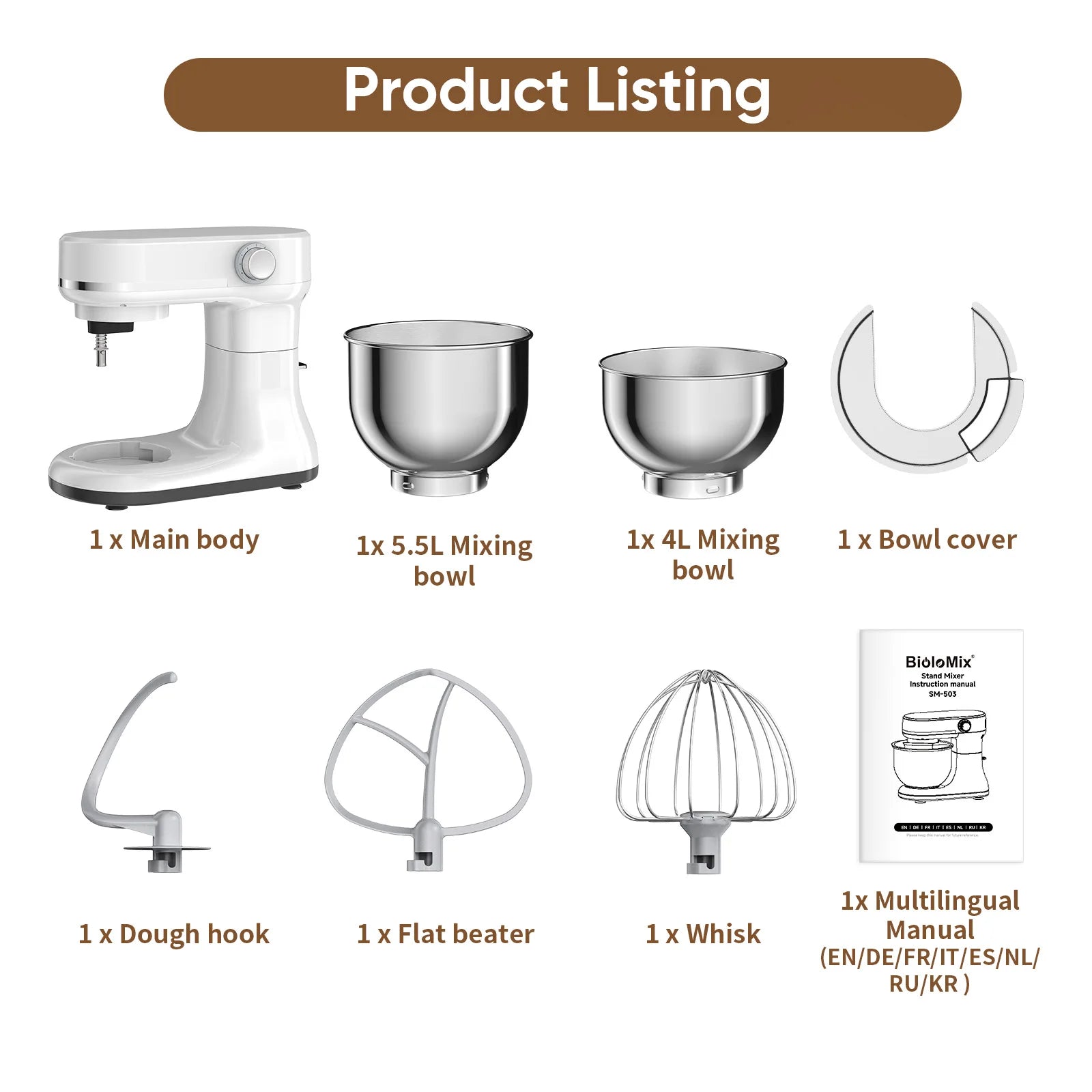 BioloMix 5.5L&4L double bowl Electric Food Mixer,8 Speeds Stand Mixer for Daily Use with Egg Whisk,Dough Hook,Flat Beater