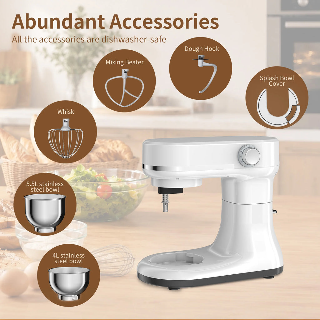BioloMix 5.5L&4L double bowl Electric Food Mixer,8 Speeds Stand Mixer for Daily Use with Egg Whisk,Dough Hook,Flat Beater