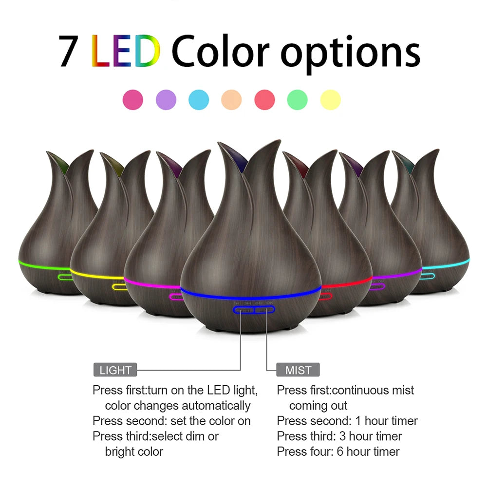 Electric Air Humidifier Remote Control Diffuser Aroma Humidifier Oil Diffuser Ultrasonic Wood Grain Mist Maker 7Color LED Light