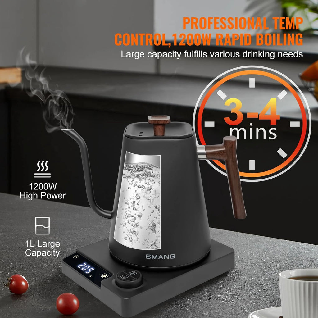 SMANG 1200W Gooseneck Electric Kettle 1L Temperature Control Coffee Kettle Pour Over Coffee Kettle Coffee and Tea Kettle