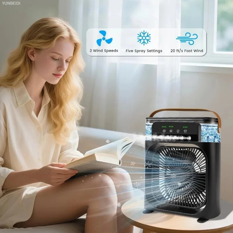 3-in-one Portable Air Conditioner Fan with LED Light Humidifier Timing Function Desktop Spray Fan for Home and Office Use