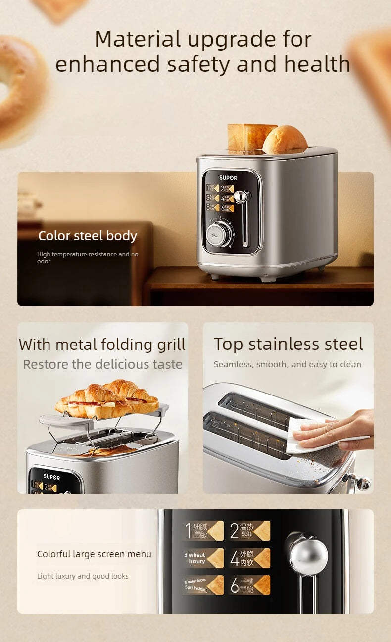 37mm Wide Slot Stainless Steel 2 Slice Toaster with Warming Rack Adjustable Browning Pop Up Breakfast Bread Toaster 토스터기