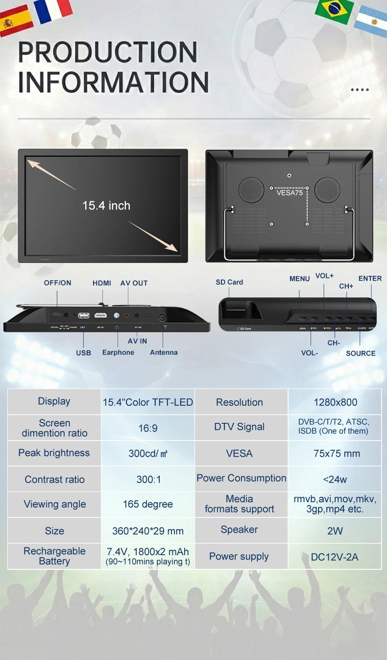 15.4" Portable Android Smart TV FHD LED LCD Digital Television with Built-in Battery DC 12V for Caravan Car Outdoor Camping