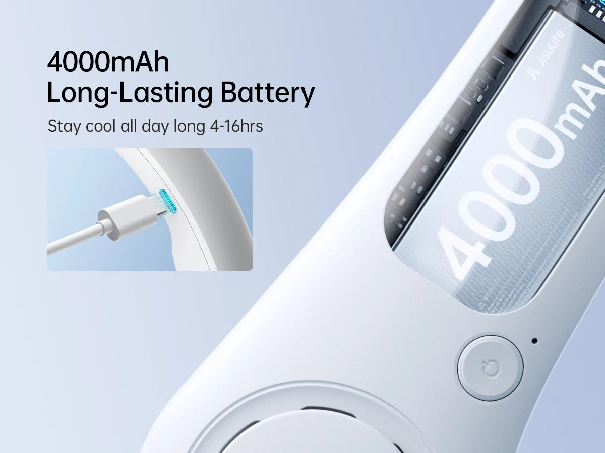 JISULIFE Portable Neck Fan, 4000mAh Battery Rechargeable, 5 Speeds Adjustable, Twistable Hands-Free Bladeless Neckband for Sport