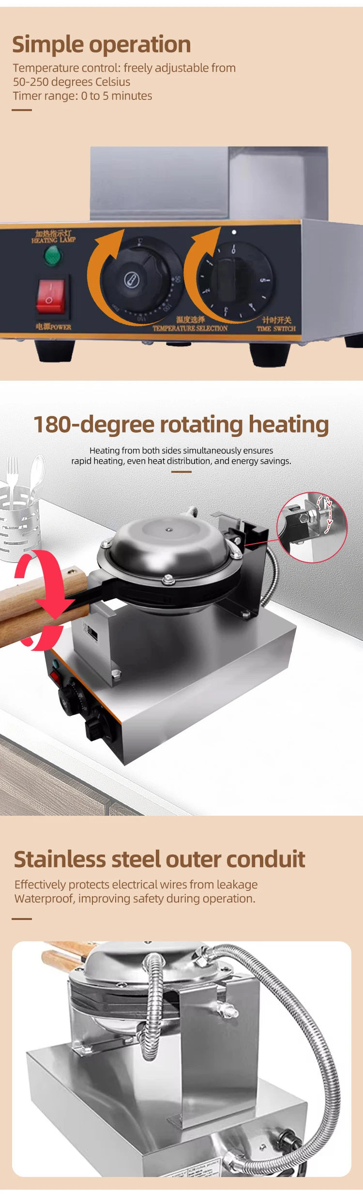 DIVEDEER Commercial Waffle Maker 1400W Stainless Steel Waffle Maker with 180° Rotating Dual Baking Plates and Wooden Handle
