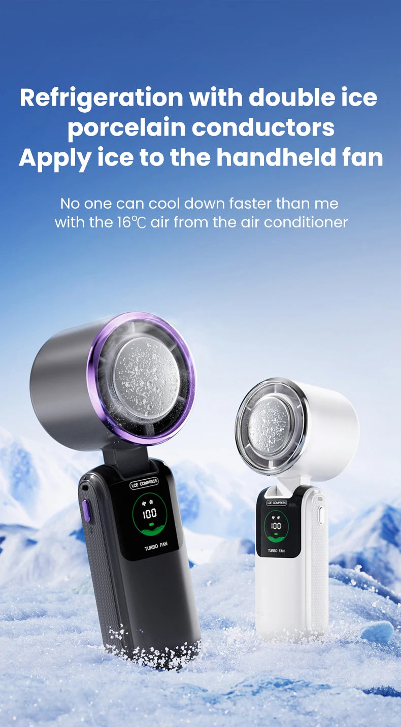 2025 New Ice Pack High-Speed Handheld Eletric Fan 100 Speed Adjustable Folding Mini Fan Portable Outdoor Hanging Neck Small Fan