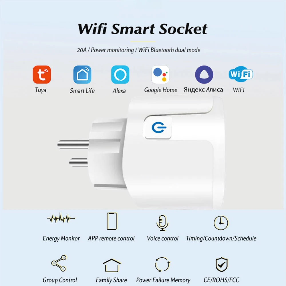 Smart Plug WiFi Socket EU 16A/20A Power Monitor Timing Function Tuya SmartLife APP Control Work with Alexa Google Home Alice