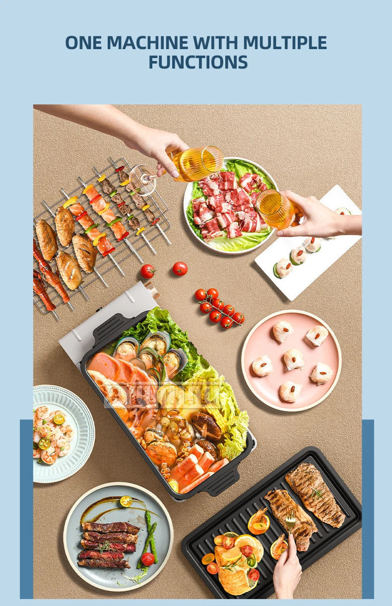 Multifunction 3-in-1 Grill Pan Household Electric Barbecue Machine Smokeless Electric Hot Pot Split Cooking Pot Parrillas
