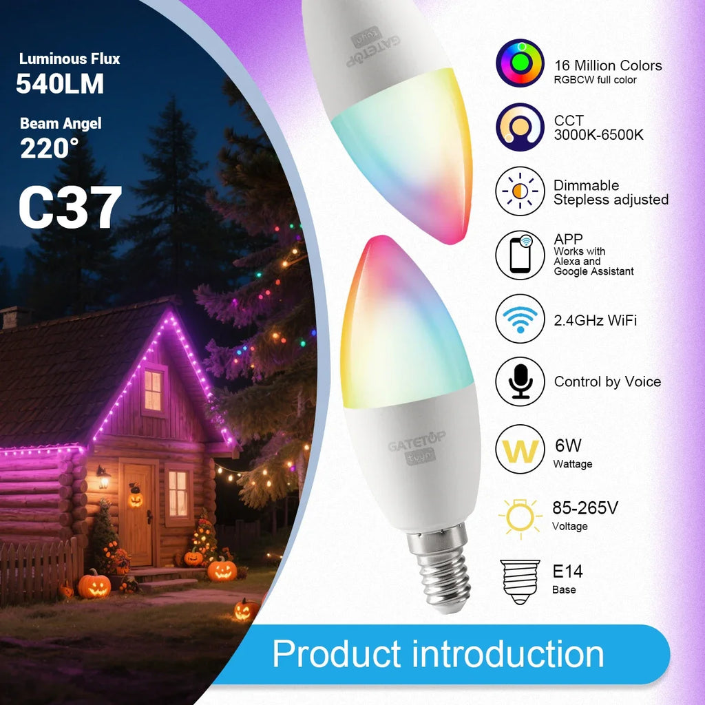 1-10PCS LED Candle Tuya Bulb WiFi E14 Smart RGB CW AC 85-265V 6W LED Lamp C37 Bulbs App Voice Control Support Alexa Google Home