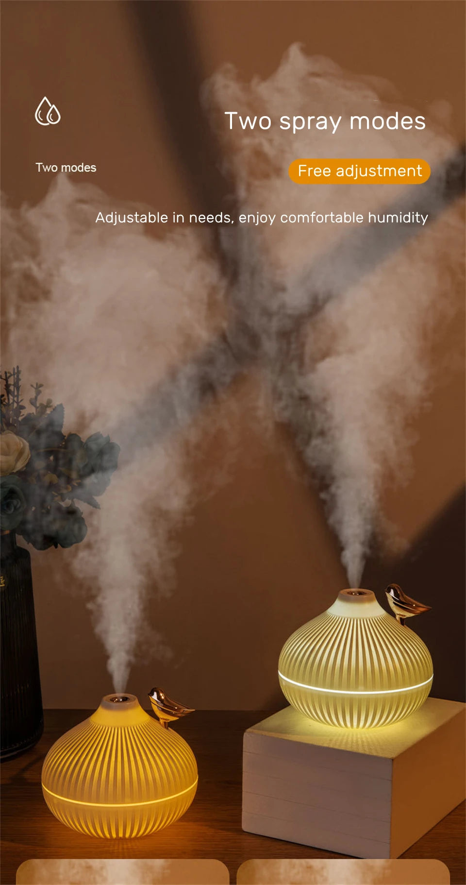 300ml USB Air Humidifier Mini Water Aroma Diffuser with Warm LED Night Light for Home Room Ultrasonic Cool Mist Humidificador