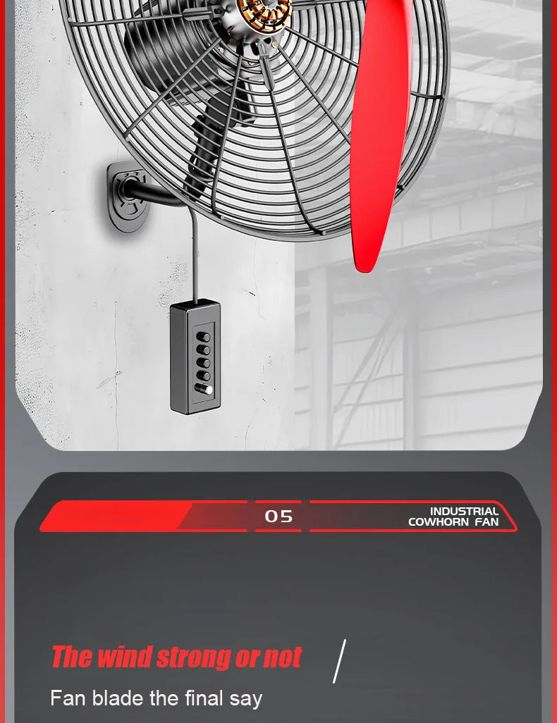 High Power Industrial Wall Mounted Fan Wire Control Adjustable Wind Power Shaking Head Horn Metal Blade Commercial Wall Fan
