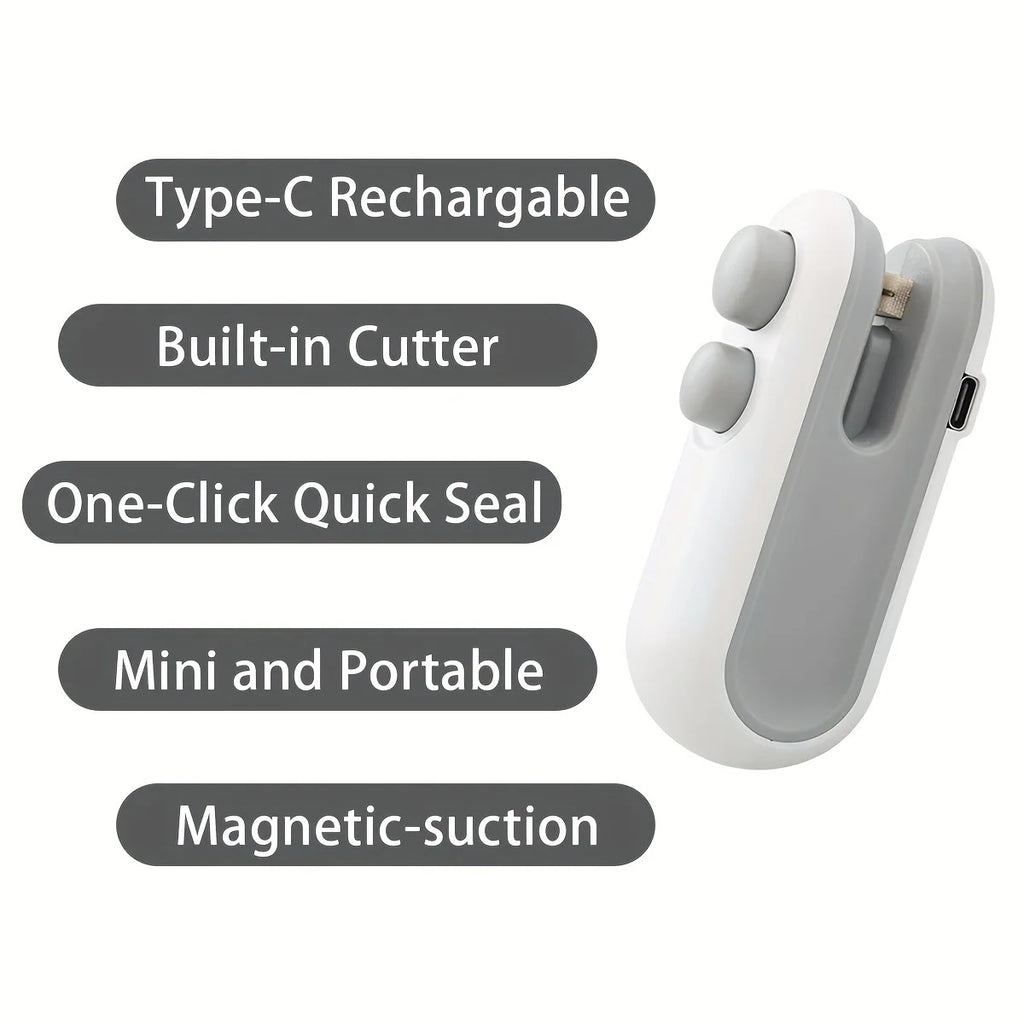 2 in 1 Mini Bag Sealer with Cutter and Magnet Plastic Bag Heat Sealer USB-C Rechargeable Chip Bag Sealer for Snack Bags