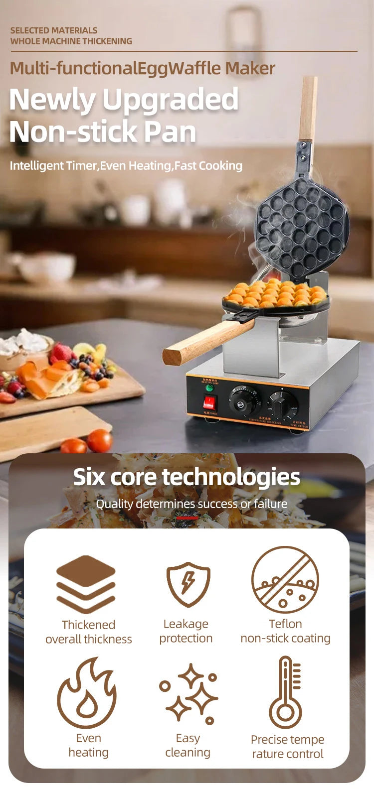 DIVEDEER Commercial Waffle Maker 1400W Stainless Steel Waffle Maker with 180° Rotating Dual Baking Plates and Wooden Handle