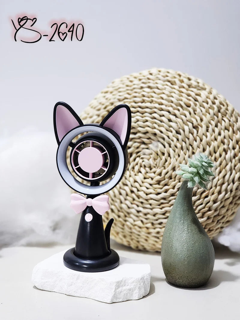 New Cat-Shaped Handheld Fan with Strong Wind, USB Charging, Suitable for Student Dormitories, Desktop Small Fan with Light