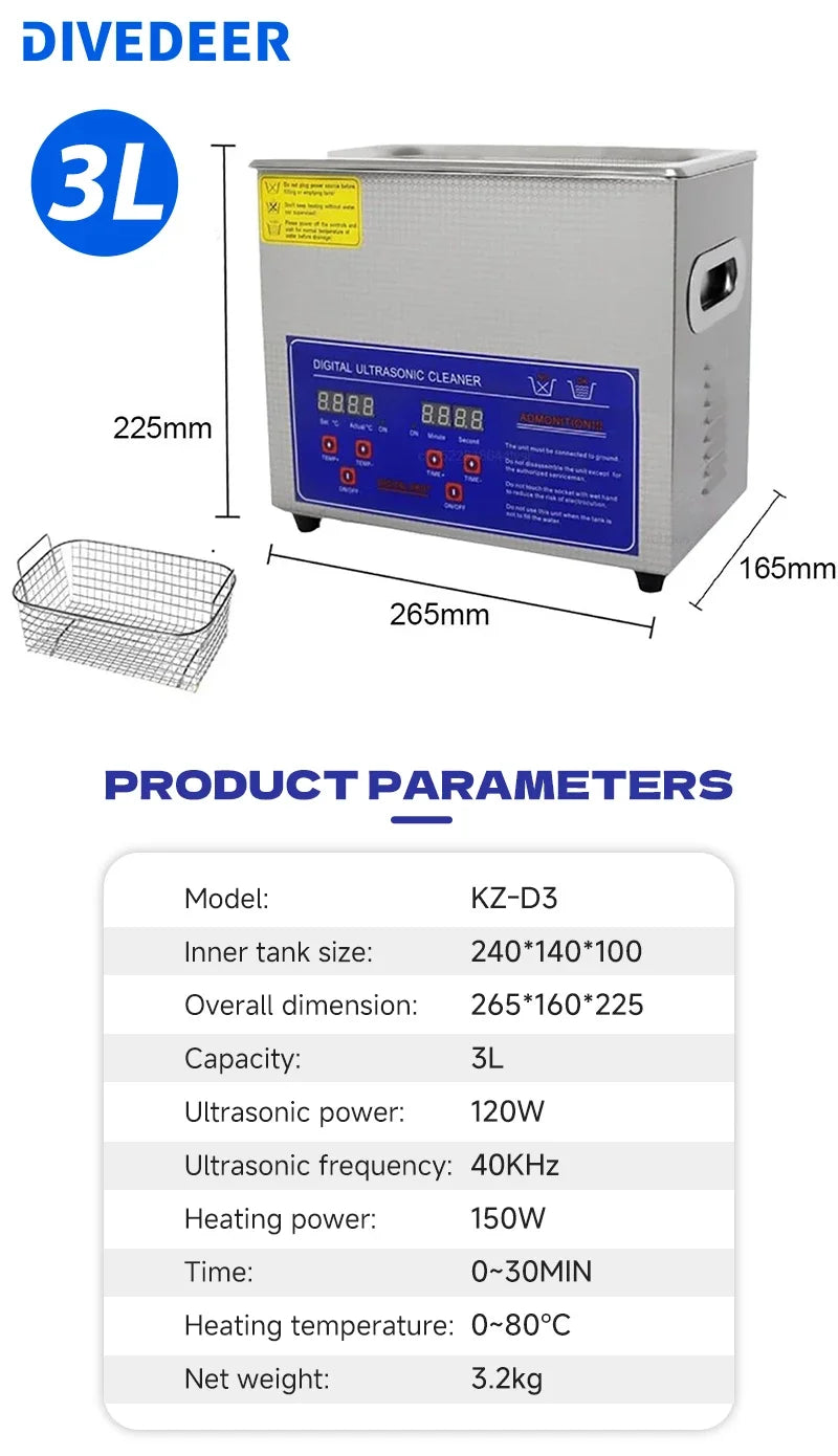 DIVEDEER 2-3L Heated Ultrasonic Cleaner High-Efficiency Ultrasound Machine for Deep Washing for Professional Home Commercial Use
