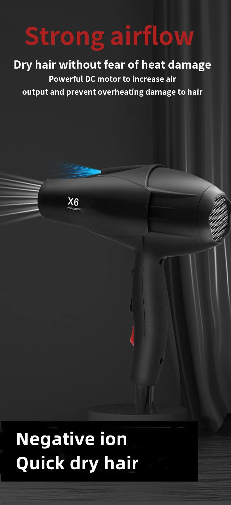 New X6 Hair Salon Professional Hair Dryer 2400W High Power Strong Wind Speed Drying Home Hairdryer Recommended Hairdryer