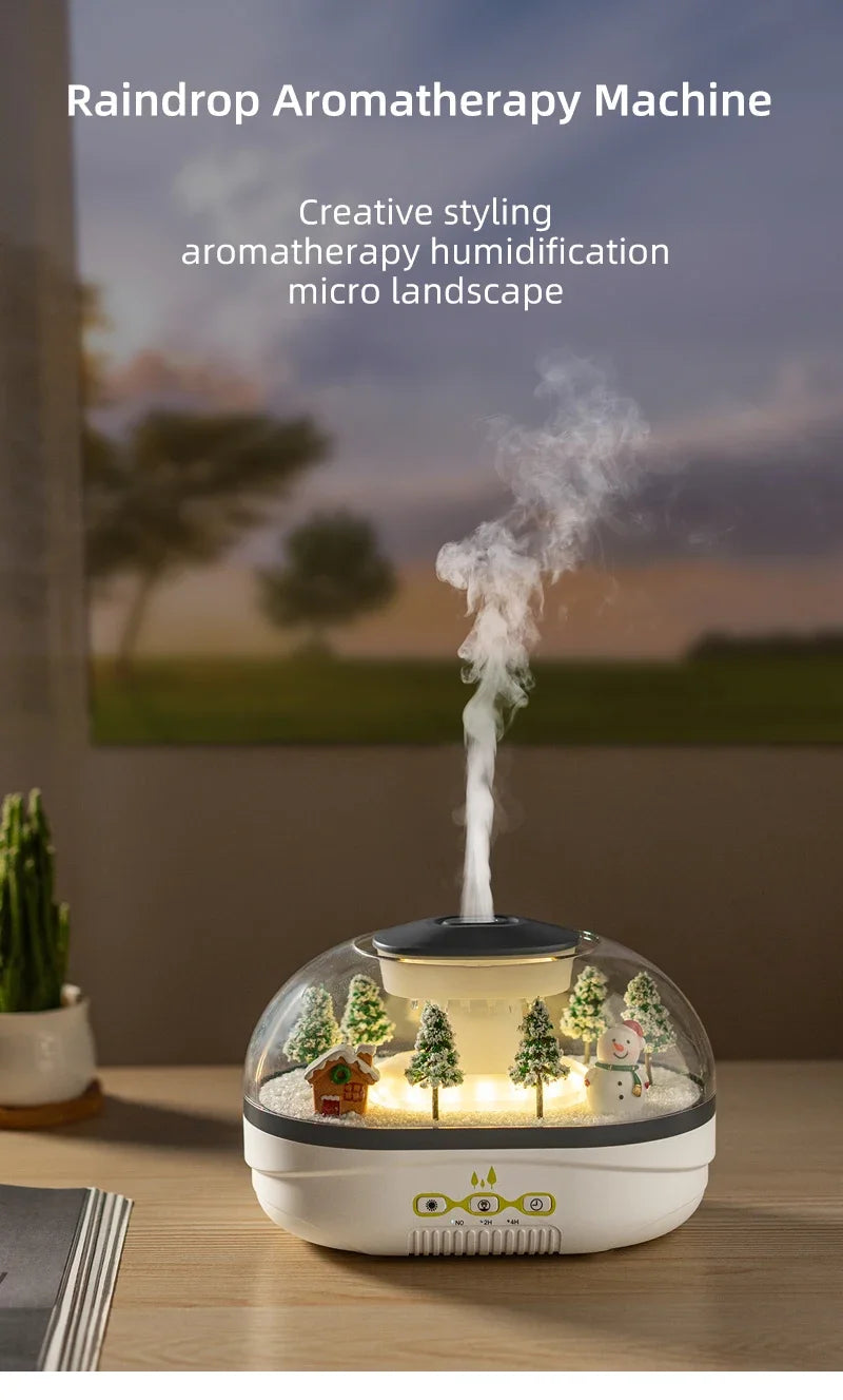 Snowman Landscape Aroma Humidifier with Colorful Led Light Essential Oil Diffuser Ultrasonic Raindrop Air Humidifier for Home
