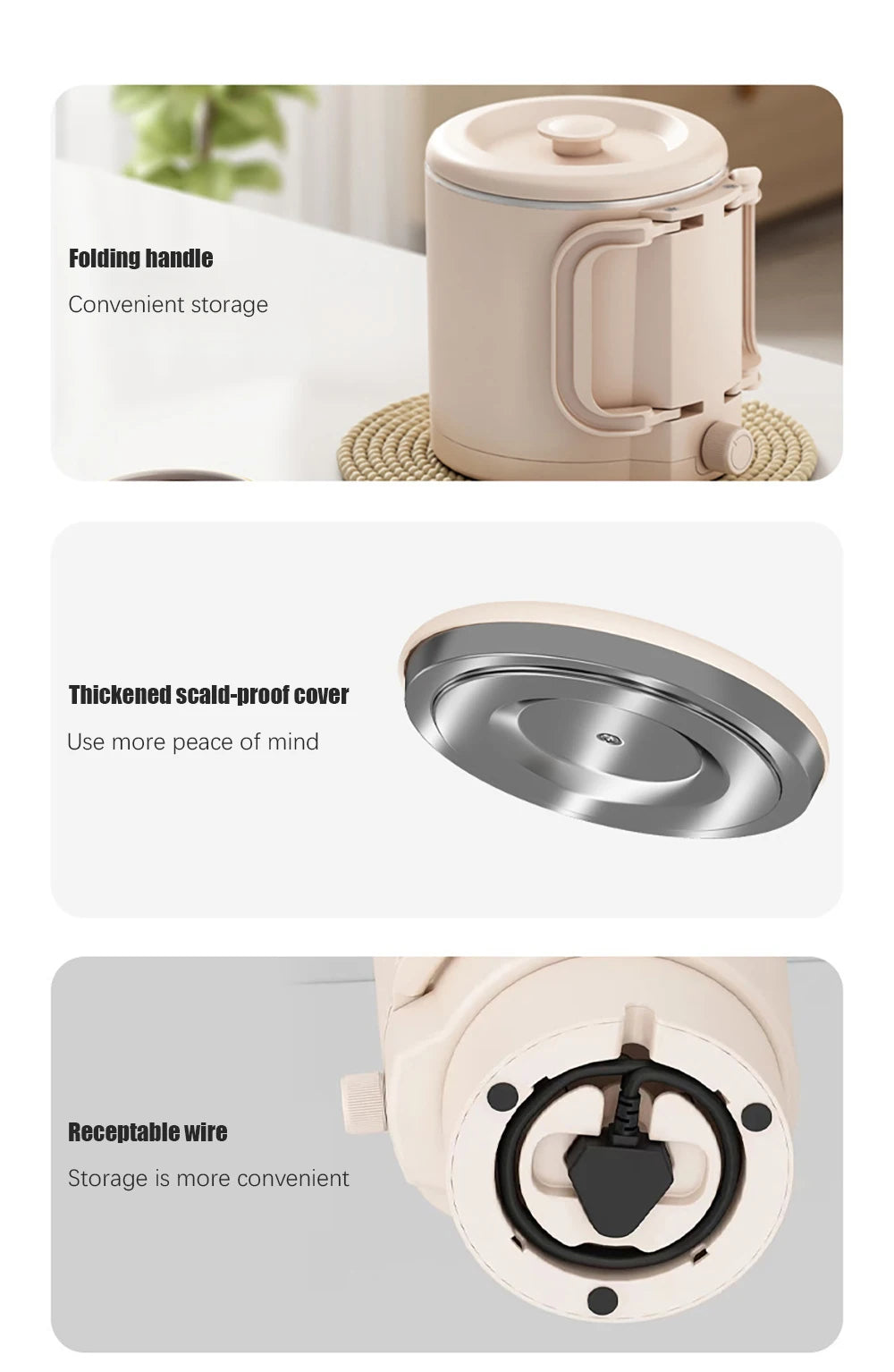 New 800ml Small Portable Electric Kettle Foldable 3 in 1 Multifunctional Travel Electric Kettle Household Rice Cooker Hot Pot