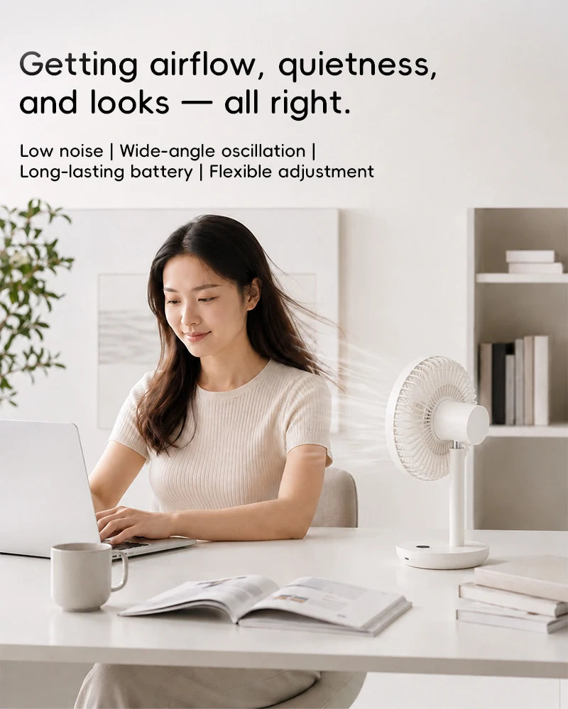 KINSCOTER Smart Oscillating Desk Fan 4000mAh USB Angle Adjustable Silent Rechargeable Fan 5 Wind Speeds for Home/Office/Gift