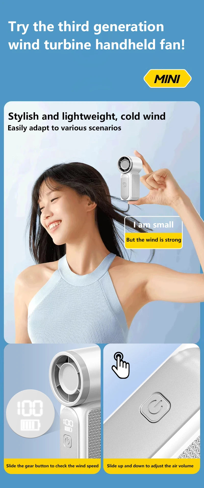 Handheld Mini Fan 5 Speed Adjust Type C Rechargeable Portable Fan Digital Display Desktop Fan Outdoor Use