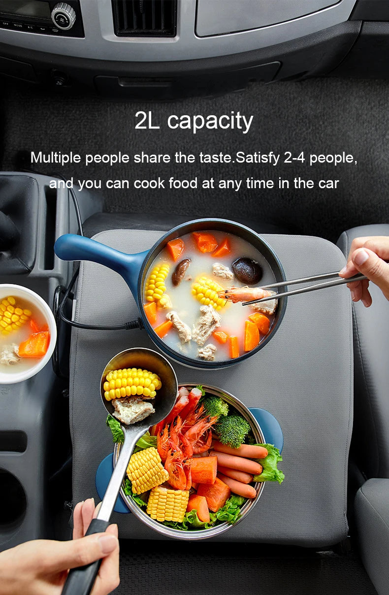 2L Portable Car Electric Hot Pot,12V/24V Multifunction Double‑Layer Cooking Pan, Travel Soup Rice Cooker Steamer for Car & Truck