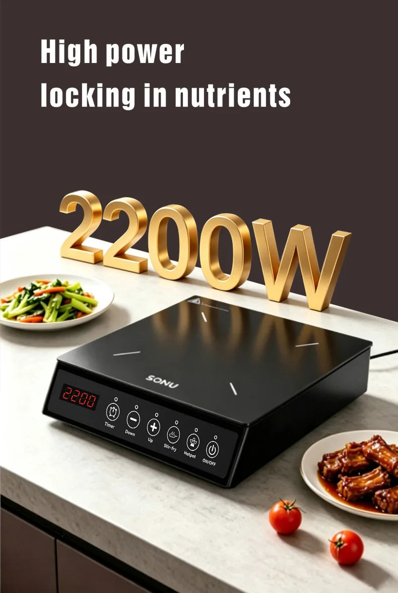 2200W Portable Electric Magnetic Induction Cooker Touch Panel Waterproof Hotpot Heating Stove Touchpad Cooktop Stir Fry Dish Coo