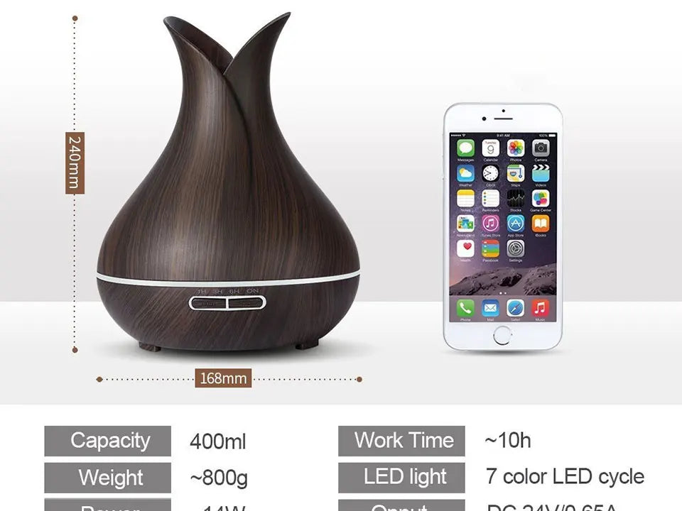 Electric Air Humidifier Remote Control Diffuser Aroma Humidifier Oil Diffuser Ultrasonic Wood Grain Mist Maker 7Color LED Light