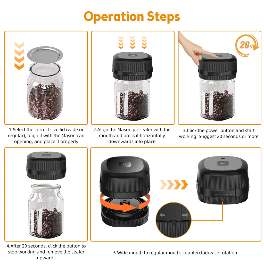 Electric Mason Jar Vacuum Sealer 60KPa for Canning Jars Cordless Vacuum Sealing Machine for Food Storage or Fermentation