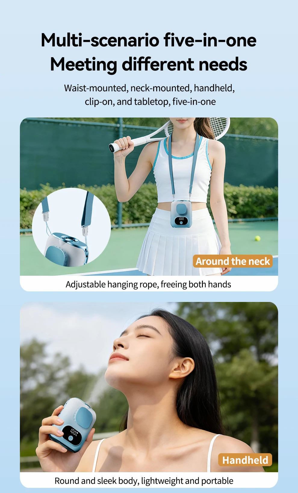 3CM Thin Tiny Portable Waist Fan 6000mAh Clip On Personal Neck Fan LED 12H Working 5 Speeds 40000RPM Strong Airflow with Lanyard