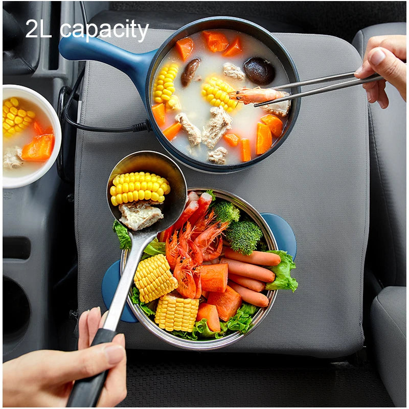 2L Portable Car Electric Hot Pot,12V/24V Multifunction Double‑Layer Cooking Pan, Travel Soup Rice Cooker Steamer for Car & Truck