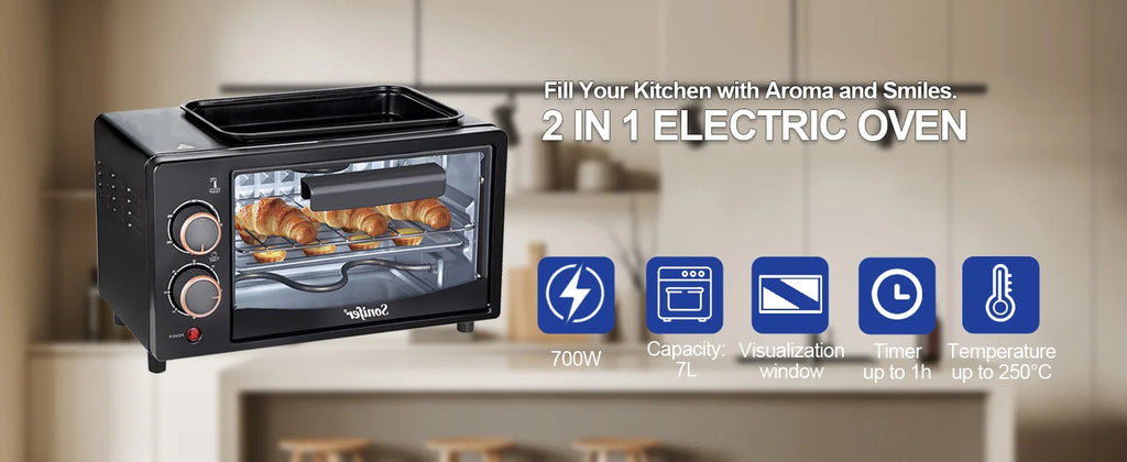 Electric Oven SF-4048A 700W 7L Mini Toaster Oven with Grill Plate Timer Multifunction Baking Cooker for Home Kitchen