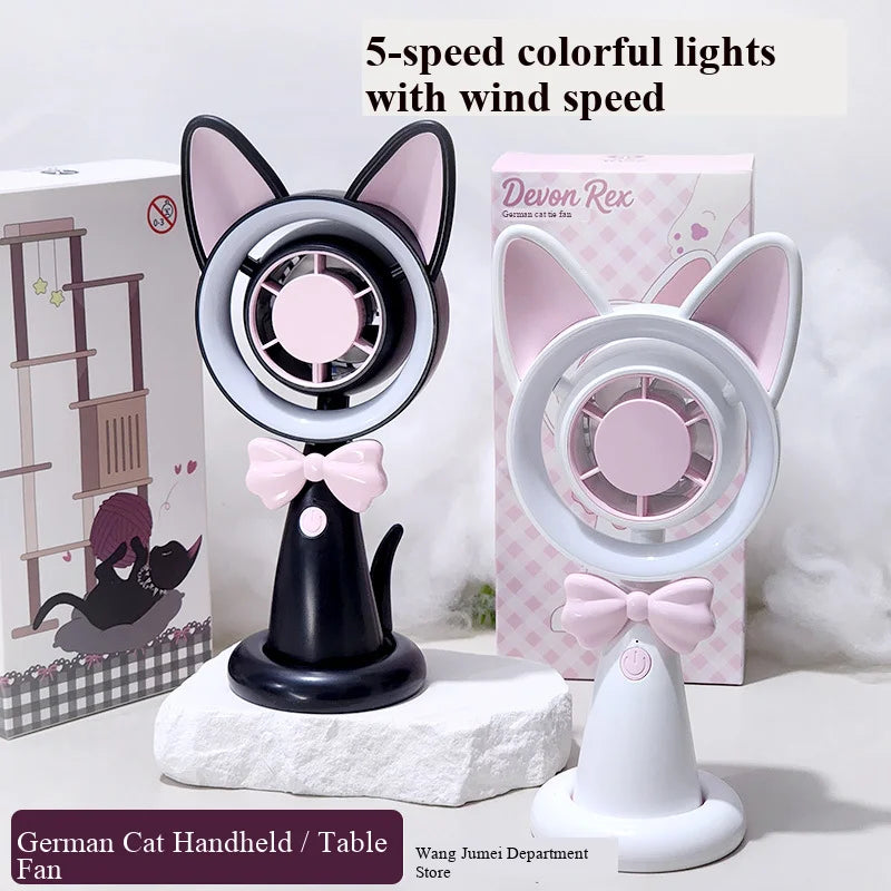 New Cat-Shaped Handheld Fan with Strong Wind, USB Charging, Suitable for Student Dormitories, Desktop Small Fan with Light
