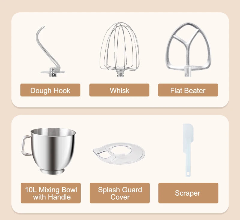 SUNATUR 10L Stand Mixer 2200w Dough Kneading Planetary Proccessor Automatic Beater Electric Timed Kitchen Blender Cream Whipper