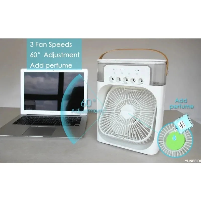 3-in-one Portable Air Conditioner Fan with LED Light Humidifier Timing Function Desktop Spray Fan for Home and Office Use