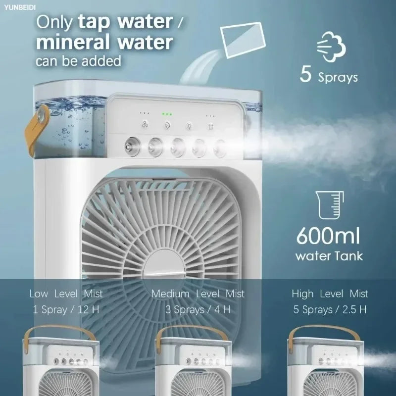 3-in-one Portable Air Conditioner Fan with LED Light Humidifier Timing Function Desktop Spray Fan for Home and Office Use