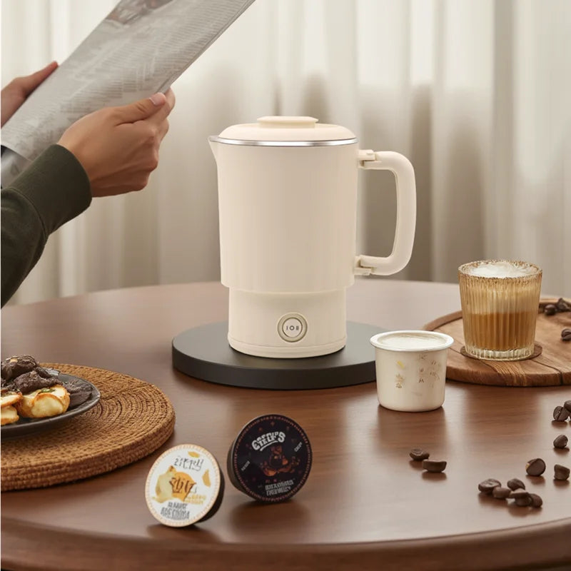 600ML Mini Portable Electric Kettle, Food-Grade Stainless Steel, Travel Foldable Boiling Pot & Noodle Pot