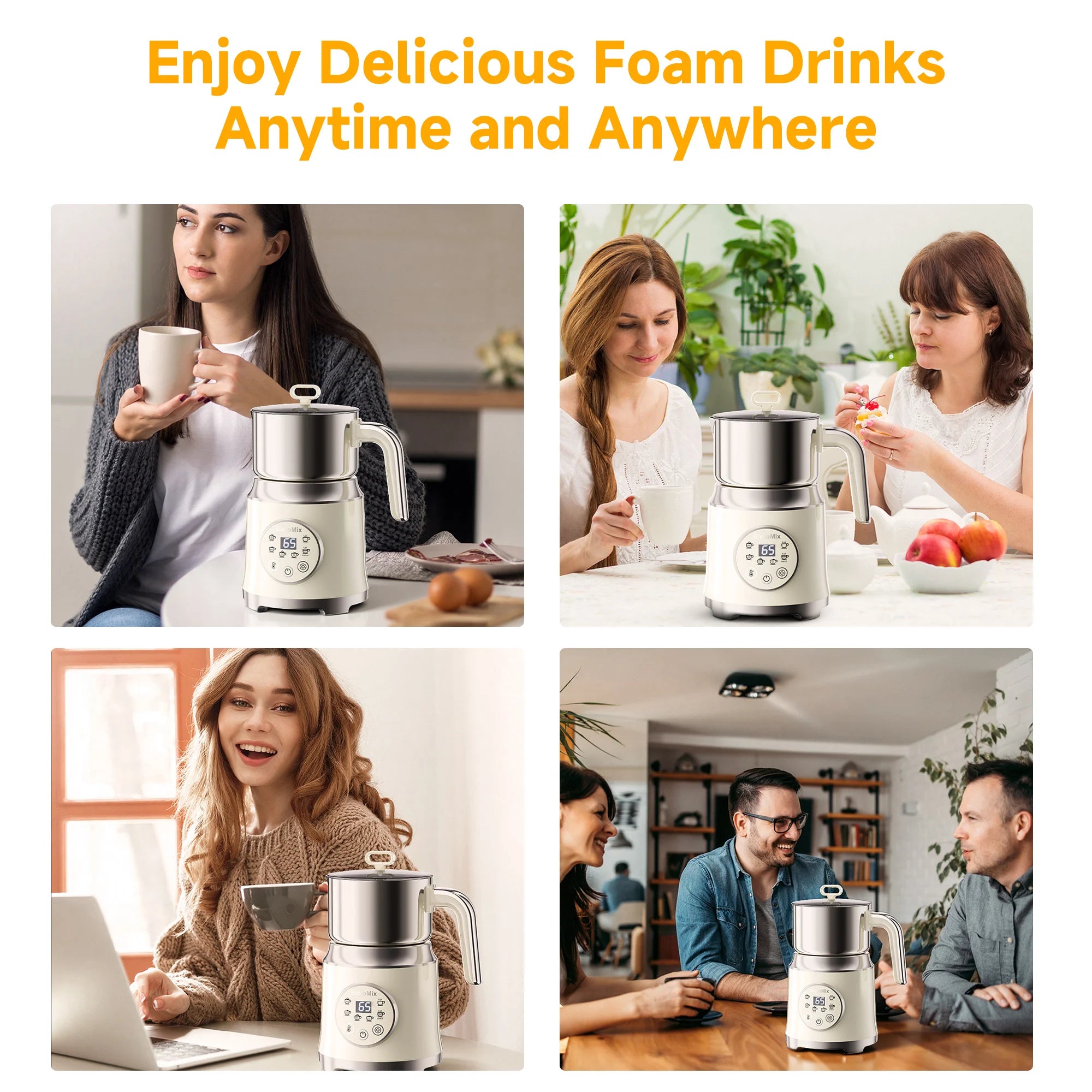 BioloMix Electric Detachable Milk Frother and Steamer,6-in-1 Automatic Hot/Cold Foam and Hot Chocolate Maker,Dishwasher Safe